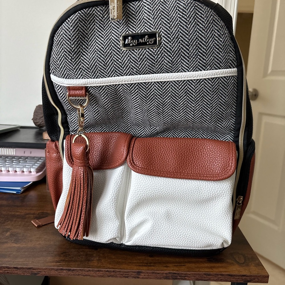 Itzy Ritzy Black and Brown Backpack with Leather Accents